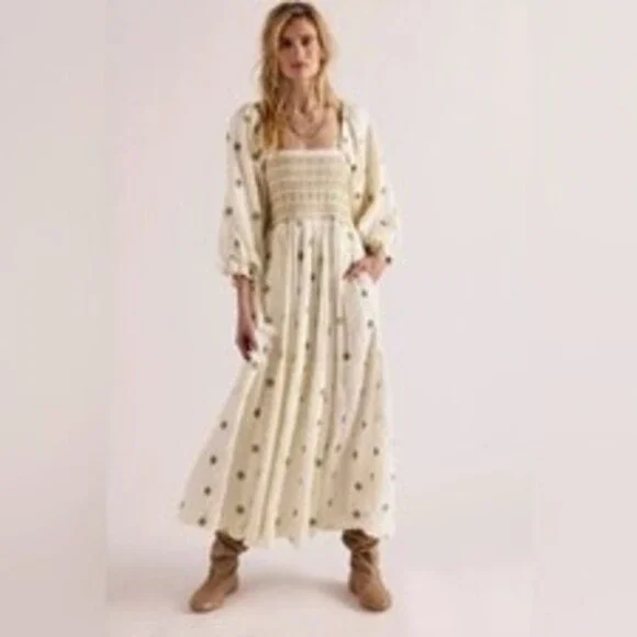 Free People Dahlia Maxi Dress Cream/Green Floral Embroidered 3/4 Puff Sleeves M - Picture 11 of 11